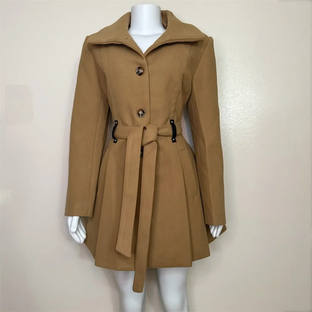 Khaki single breasted lapel collar A-line pleated flare belted pea coat - Picture 1 of 12